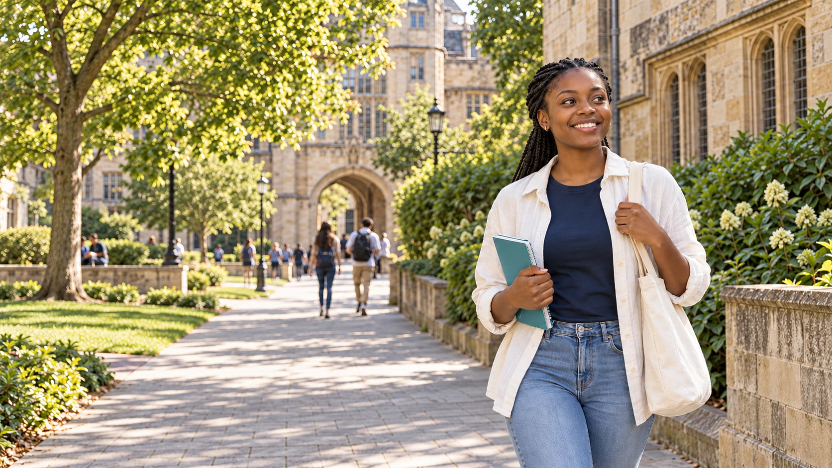 A student looking ahead on a sunlit university campus